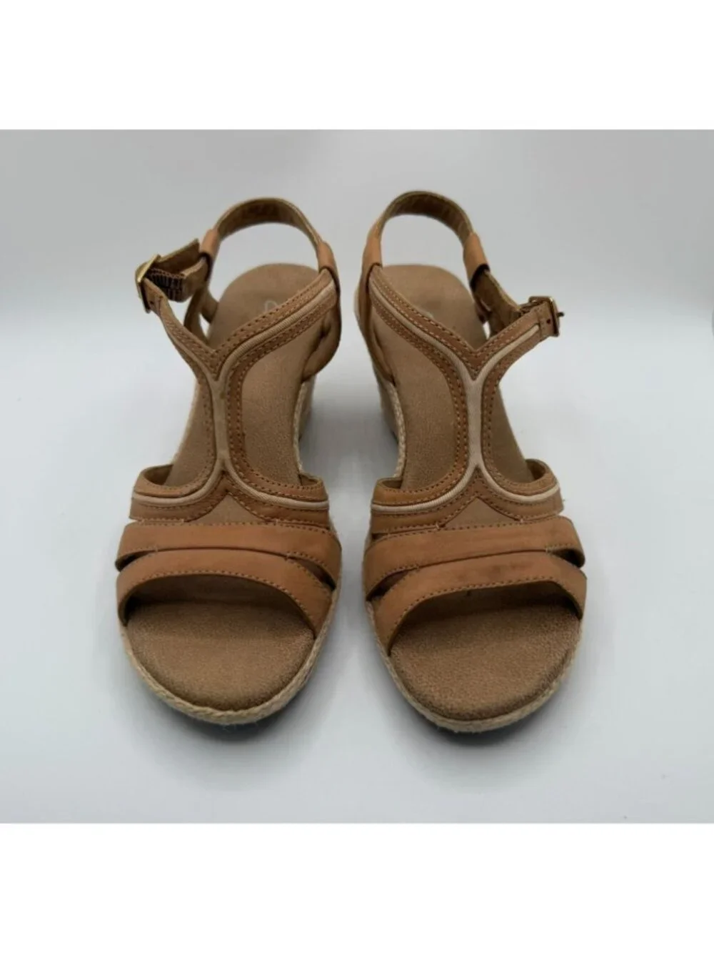 Clarks Rose Limo Wedge Sandals Women Size 7.5M Brown Beige Low Heel Shoes